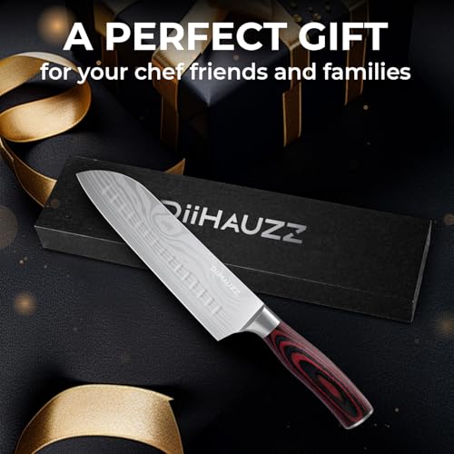 DiiHAUZZ DiiHAUZZ Santokumesser 18cm, Scharfes Hochkohlenstoff-Edelstahl Küchenmesser mit 12° Klinge, Ergonomischer Pakkaholzgriff, Profi Allzweckmesser für Fleisch, Obst und Gemüse - Verwendungsansicht 7 | Küchenmesser