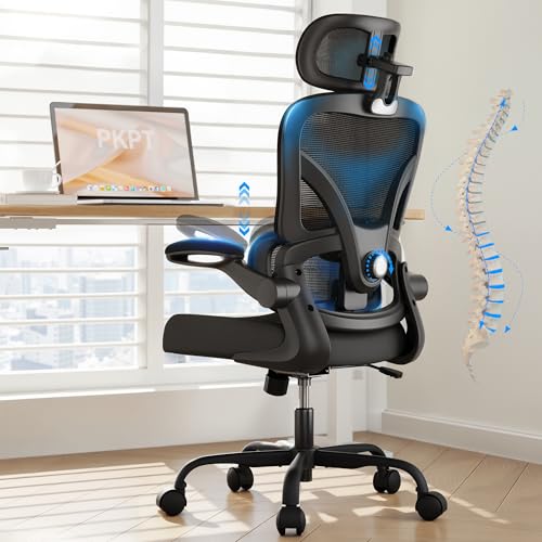 PKPT Ergonomic Office Chair, 330LBS Desk Chair with 3-Level Lumbar Support & Headrest, Breathable Mesh Backrest, Flip-Up Armrests for Home Office and Gaming, Black