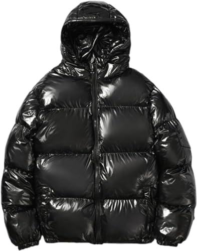 Suncadmious Glänzende Daunenjacke für Herren mit Kapuze große Größe lässig wasserdicht Winddicht warme Jacke modisch locker verdickte glänzende Daunenjacke mit Kapuze (Schwarz,S)