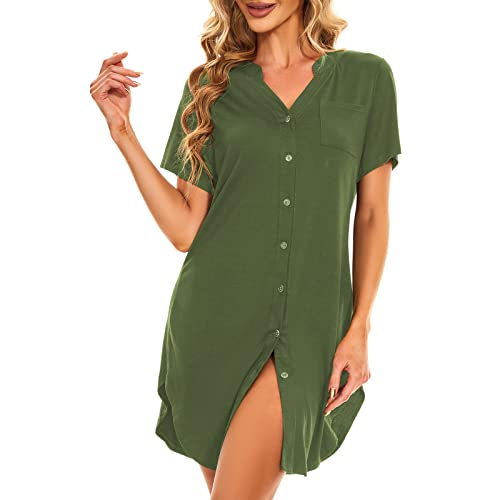Womens Nightgown Sexy V Neck Button Down Sleep Dress Short Sleeve Night Shirt Sleepwear Maternity Pajamas Army Green L #TOP4