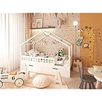FurnitureHMD Wooden Childrens House Bed with 2 Storage Drawers, Solid Pine Wood, Protective Guardrail, Smoth Caster Wheels