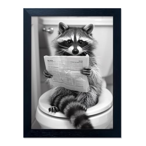 Funny Raccoon Bathroom Wall Decor Animal Wall Art Black and White Raccoon on Toilet Canvas Picture Print Farmhouse Framed Cute Painting Restroom Decoration Ready to Hang