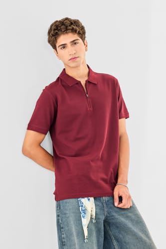 Image of SNITCH Men Polo T-Shirt | Modern Zip Closure & Textured Weave Design | 100% Cotton Breathable Fabric & Regular Fit Minimalist Style, Versatile Casual Wear