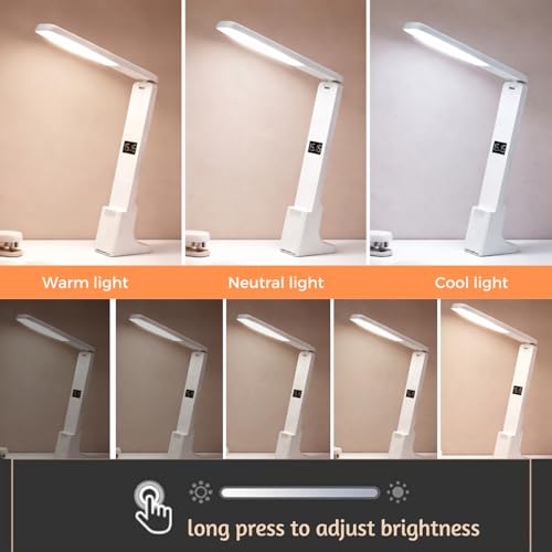 Image of One94Store SmartLite Portable Desk Lamp - White Color Rechargeable LED Table Lamp with 1200mAh Battery, Built-in Digital Clock, Touch Control Brightness, Lamp (White)