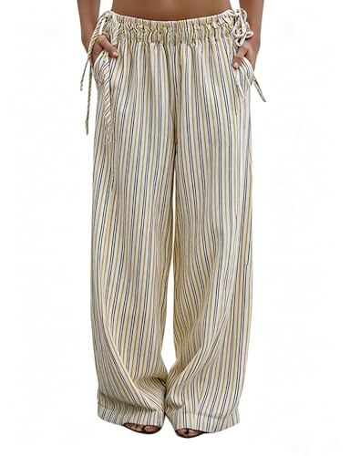 Pantalones de rayas con cordón lateral y cintura elástica de corte fluido y favorecedor