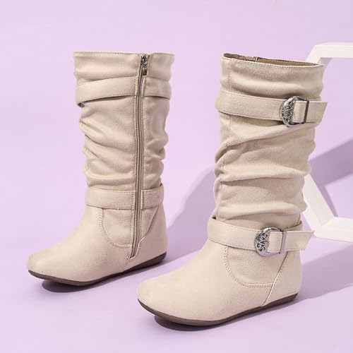 Mid Calf Boots for Girls Cute Two Buckle Zipper Flat Heel Boot Shoes Girl's Slouchy Slip On Casual Boots Round Toe Riding Boot for Fall Winter Spring3
