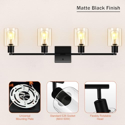 4-Light Track Lighting Fixtures with Seeded Glass Shade, Modern Kitchen Lighting Fixtures Ceiling, Rotatable Track Head, Wall Mount Track Light for Bedside Vanity Hallway Bedroom, Matte Black