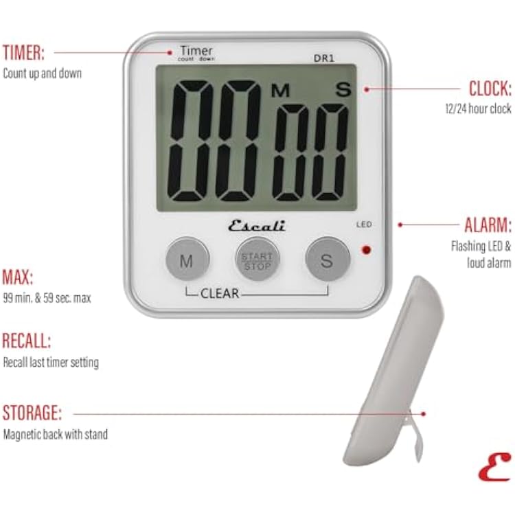 Escali Extra Large Display Digital Kitchen Timer with Clock Mode, Recall Timer Magnetic Back