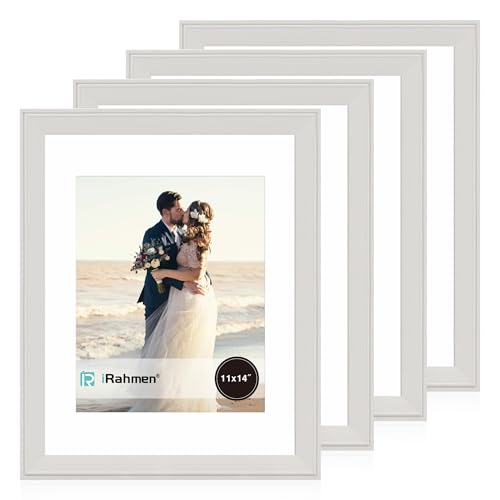 Image of iRahmen 11x14 Vintage Picture Frame with Mat 8x10 - High Definition Tempered Glass Wooden Photo Frames for Wall Mounting (Cream, Set of 4)