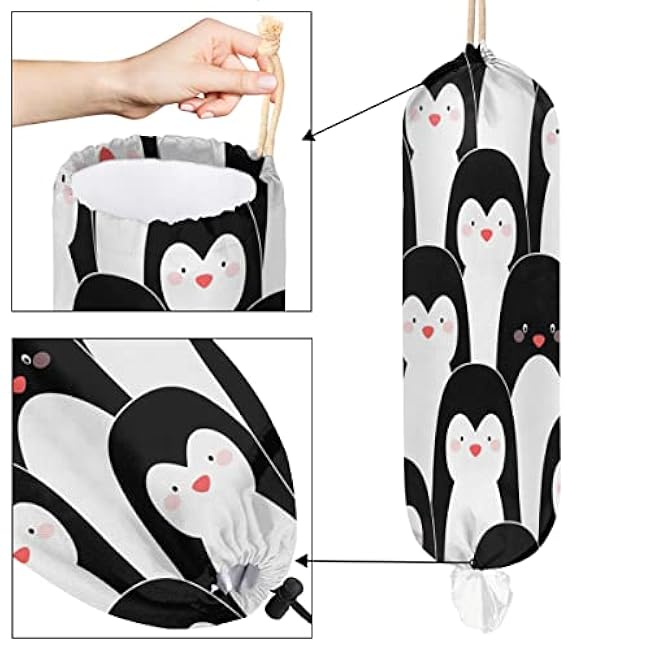 Funny Penguin Plastic Bag Holder Grocery Bag Holder Large Wall Mount Garbage Plastic Bag Organizer Drawstring Adjustment for Kitchen, 22x9 in