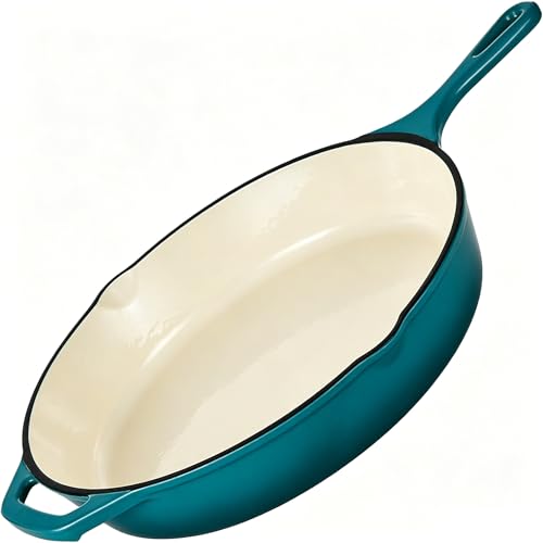 Chaoduole 10 Inch Enameled Cast Iron Skillet with Handles, Non Stick Fry Pan (Peacock Blue, 10 inch)