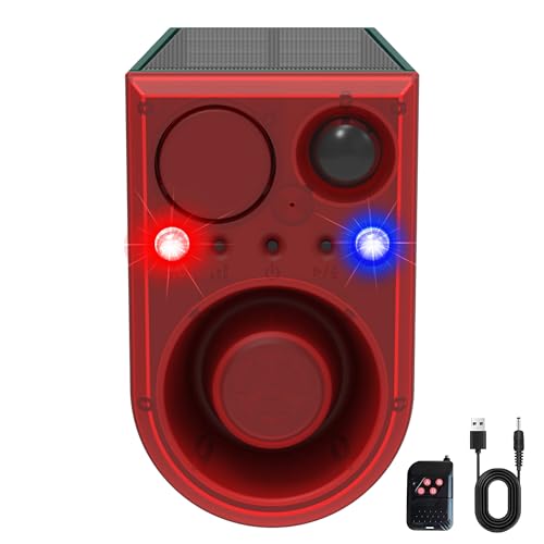 QXMH Alarma Solar con Sensor de Movimiento para Exteriores, Sonido de ladridos de Perro y Disparo, luz de Alarma con Detector de Movimiento de 130 db, con Control Remoto, 13 Tipos de Sonido, luz