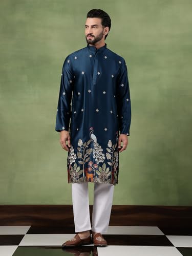 Image of SOJANYA (Since 1958 Men's Cotton Silk Flora & Fauna Embroidered Long Kurta