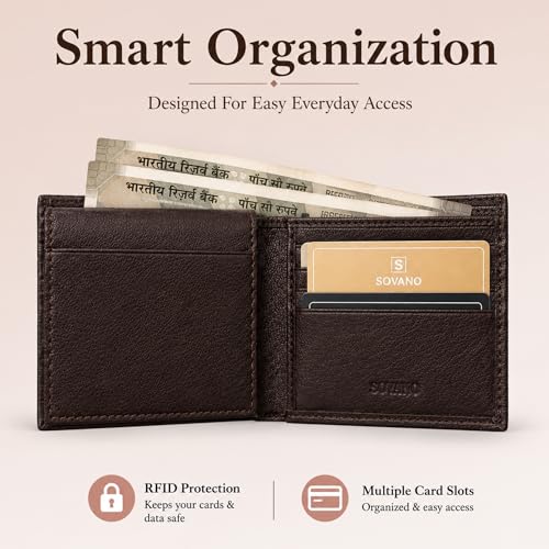 Image of SOVANO Genuine Leather Wallets for Man Original Bi Fold Slim Mens Wallets Design with RFID Protection ID Window Easy Access 6 Card Slots 2 Hidden Pockets Compact Gift for Men (Brown)