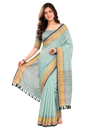 Image of MADHUHANSH Women's Cotton Linen Saree with Unstitched Blouse Piece and Floral Printed Pattern | Women Saree for Special Occasion | Stylish Modern Sarees