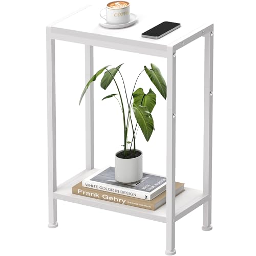 Narrow Side Table for Small Space, 2-Tier Slim End Table, Thin Nightstand, Skinny Snack Couch Table, Sofa Bedside Table, Tall Plant Stand in Living Room, Bedroom, Study, Kitchen and Balcony (White)