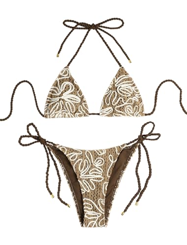 Image of ZAFUL 2 Piece Triangle Bikini for Women Knitted Rope Halter Bikini Sets Sexy Bathing Suit Side Tie Swimsuits Beachwear