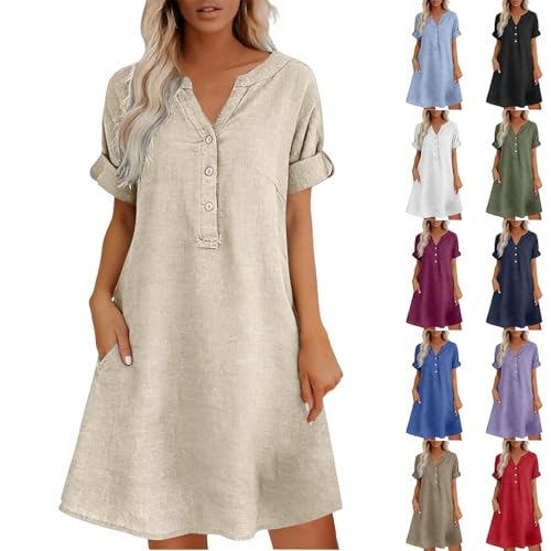 100% Cotton Linen Dress for Women,Women's Linen Summer Dresses Womens Italian Boho Midi Gauze Short Sleeve Casual Sundresses Beach Vacation Plus Size Organic Cotton Dress