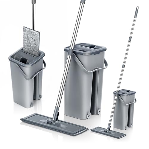 Mopa con Cubo Escurridor Fregona Plana Doble Compartimento 6 Almohadillas Escurrefácil para Limpieza Suelos Azulejos Madera Tarima Polvo Ventanas Mop Trapeador Paños Reutilizables