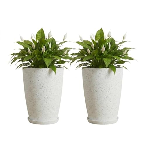 Image of Urban Upvan 14 Inch Solid White Tower Pot with Tray - Large Round Planter for Indoor & Outdoor Plants, Durable Decorative Plant Container (Pack of 2)