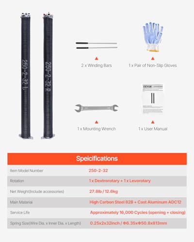 VEVOR Torsionsfedern für Garagentore Φ 6,35 x Φ 50,8 x 813 mm 16000 Zyklen, Elektrophorese, schwarz beschichtet zum Austauschen, Garagentorfedern mit rutschfesten Wickelstangen, Handschuhen