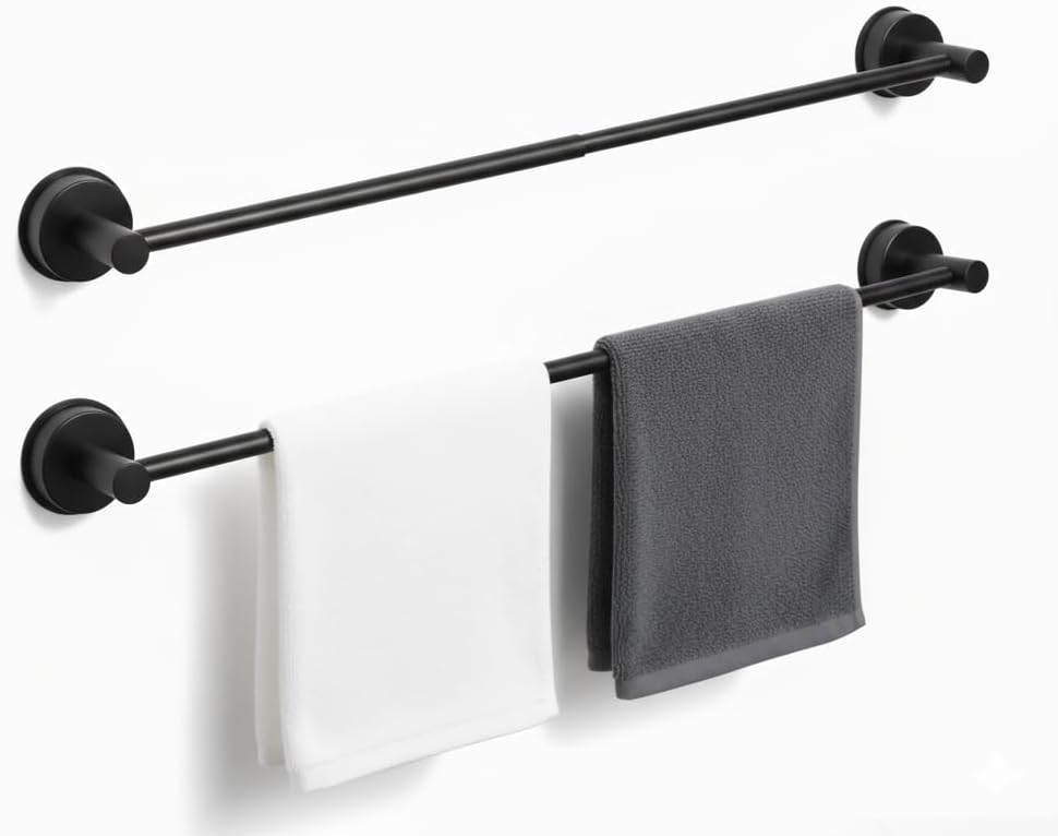 Suction Cup Towel Bar 17-28 Inch Adjustable Retractable Stainless Steel Towel Rack for Bathroom, RV & Renters - No Drill Heavy Duty Wall Mounted Holder, Removable for Glass & Tile (2, Black)