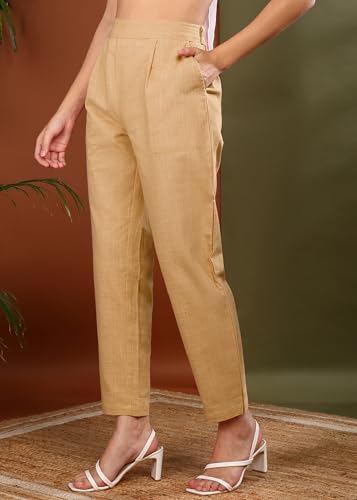 Image of Yash Gallery Women's Regular Fit Mid Rise Solid Cotton Slub Ankle Length Regular Trouser Pant