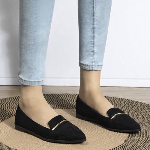 Image of Pointy Toe Penny Loafers for Women Dress Office Work Flats Shoes | Comfortable Women's Faux Suede Leather Slip On Flat Loafers for Driving Business Casual Cute Ballet Shoes