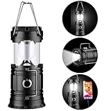 LED Campinglampe Solar Camping Laterne USB Wiederaufladbare Taschenlampe mit 1000mA Batterie Einziehbar Zelt Solar Campinglampe für Wandern Notfall Outdoor Stromausfall (Schwarz)