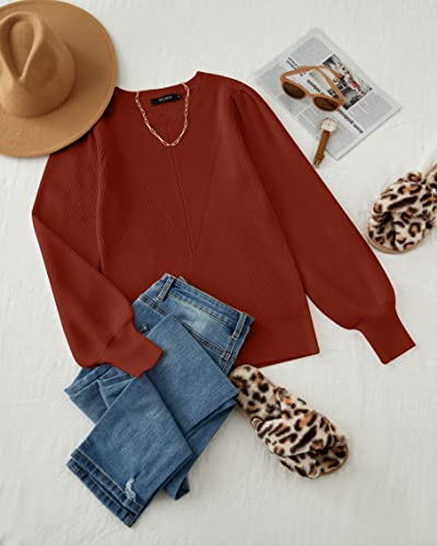 Tecrew Women's Puff Sleeve Round Neck Cozy Knit Sweater Fall And Winter Warm Jumper Tops, Red, Medium #TOP4