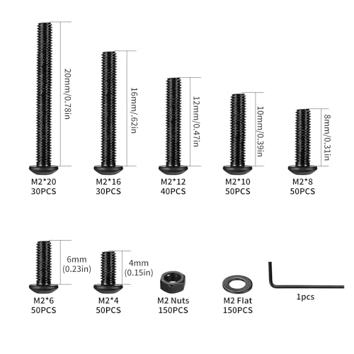 M2 Schrauben Set, 600 Stück Linsenkopf Innensechskantschrauben Muttern Set mit Unterlegscheiben Set, Schwarz Rundkopfschrauben und Muttern Sortiment Kit, Maschinenschrauben Gewindeschrauben Set