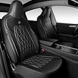 CAR PASS Nappa Leather High Back Front Seat Covers, Tesla Model 3 Model Y Breathable Faux Leather Front Bucket Seat Covers, Anti-Slip Airbag Compatible Universal Fit for Sedan SUV Van Truck, Black