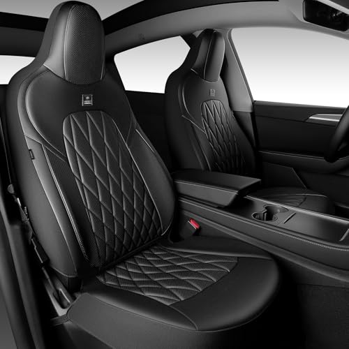 CAR PASS Nappa Leather High Back Front Seat Covers, Tesla Model 3 Model Y Breathable Faux Leather Front Bucket Seat Covers, Anti-Slip Airbag Compatible Universal Fit for Sedan SUV Van Truck, Black