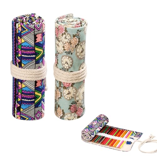 2 Stück 24 Löcher Leinwand Stifterolle Roll, aufrollbares Federmäppchen für Buntstifte, für Schüler, Pinsel, Künstler, Schulbüro