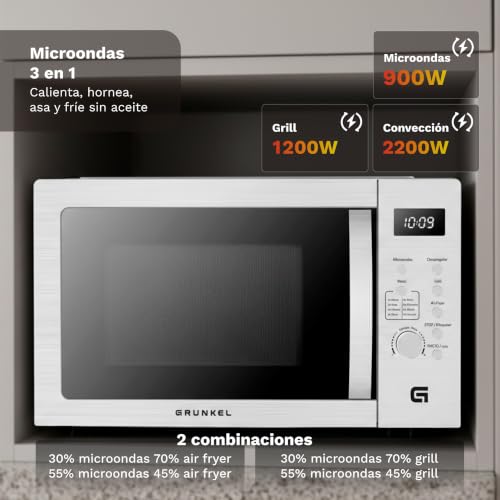Miniatura 6 de Microondas Con Grill Y Airfryer Grunkel Mw-28airfryer De 28 Litros Y 3 Funciones, Microondas 900w, Grill 1200w, Airfryer Y Horno 2200w Con 5 Niveles De Potencia 8 Programas Y Descongelado.