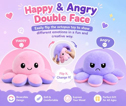 Image of Reversible Octopus Plush Toy 18 cm | Flip Mood Soft Toy | Double-Sided Happy & Angry Expression | Super Soft Stuffed Animal Plushie | Cute Kids Gift, Stress Relief Toy, Home Decor