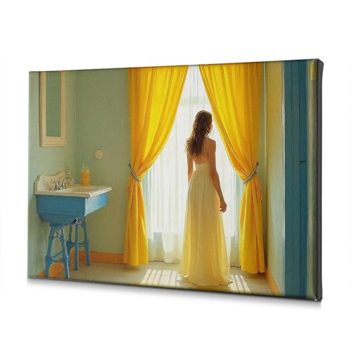 Toile salle de bain femme robe blanche rideaux jaunes 40x60cm
