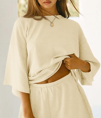 Image of Tankaneo Womens Pajama Sets 3 /4 Sleeve Oversized Tops & Loose Fit Shorts Lounge Set with Pockets Loungewear