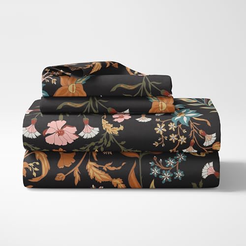 Sweet Jojo Designs QUEENSHEETS-WILDFLORAL-BK Boho Wildflower Vintage Floral Girl Queen Sheet Set Flat Fitted Bed Sheets Pillow Covers Kids Childrens Adult Bedding 4P Black Orange Teal Bohemian Farmhouse Botanical Cottagecore thumb #1