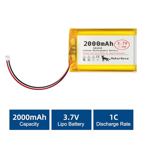 MakerNova 3.7V 103450 2000mAh LiPo Battery, 1S 3C Rechargeable, Micro JST 1.25 Connector, Dual Protection Board, 4 Pack