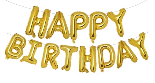 PIGETALE Gold Happy Birthday Balloons Banner 16 Inch Happy Birthday Mylar Foil Balloon Letters Sign Self Inflating Alphabet Bunting Reusable for Girls Boys Kids Adults Women Men Party Decorations