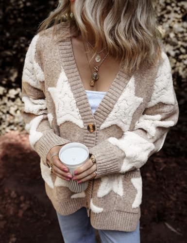 Women's Star Print Button Down V Neck Drop Shoulder Open Front Knit Cardigan Sweater4