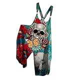 Womens Rompers Gothic Skull Printed Bib Overalls Racerback Wide Leg Loose Goth Bodysuit Y2K Hippie Halloween Custom Womens Yellows Large