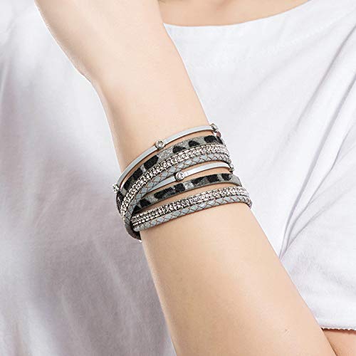 Lureme Leather Leopard Wrap Bracelet With Rhinestones Magnetic Clasp Bracelet For Women (Bl003513-1) Black #TOP1