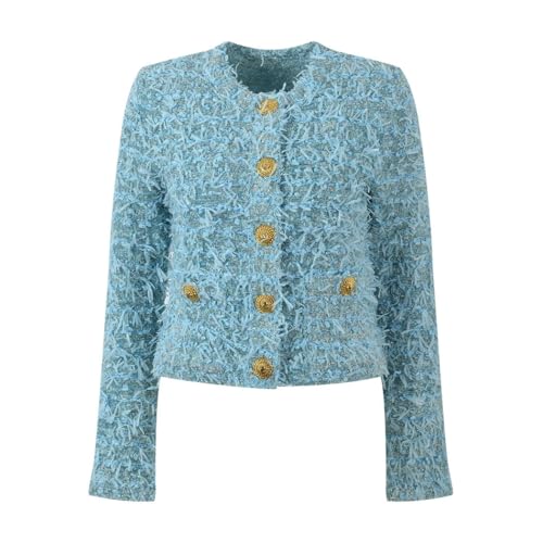 French Style Tweed Jacket for Women Elegant Short Blazer with Metal Buckle Long Sleeve Slim Cardigan Office Fashion Top