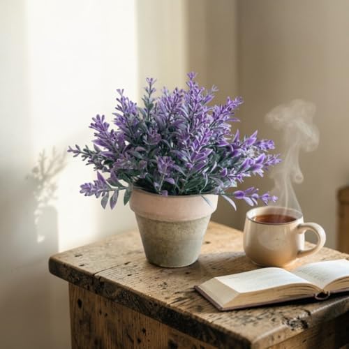 Image of Garden Art Artificial Lavender Plant in Rustic Pot - Realistic Faux Lavender Flowers for Home Decor, Office Desk, Tabletop, Farmhouse & Modern Decoration (P-093Purple)