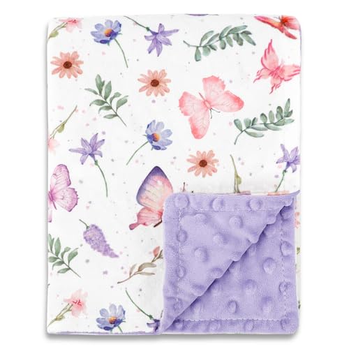 Image of Pea Pod Baby Girls Blanket Soft Butterfly Minky Blanket for Newborn, 30'' x 40'' Double Layer Design, Dotted Backing Warm Baby Quilt Crib Blanket for Nursery /Stroller /Toddler Bed /Baby Car Seat