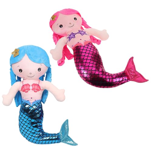 Kisangel 2 Peluches de Sirena de Dibujos Animados para Niña, Almohadas Decorativas Infantiles de 30 Cm, Muñecas de Peluche Suaves y Abrazables en Azul y Rojo para Dormitorio y Obsequio