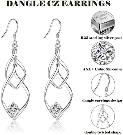 Silver Dangle Drop Earrings for Women, Cubic Zirconia Double Twisted Linear Marquise Loops French Wire CZ Earring | Hypoallergenic Cartilage Piercing Dangle Jewelry (Silver/Gold/Blue/Purple)