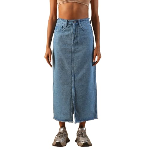 globus Women Mid-Rise Front Slit Fringed Hem Midi Straight Denim Skirt-picture-35